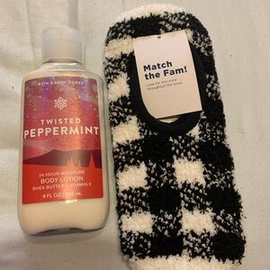 Bath and Body Works twisted peppermint lotion with fuzzy socks.